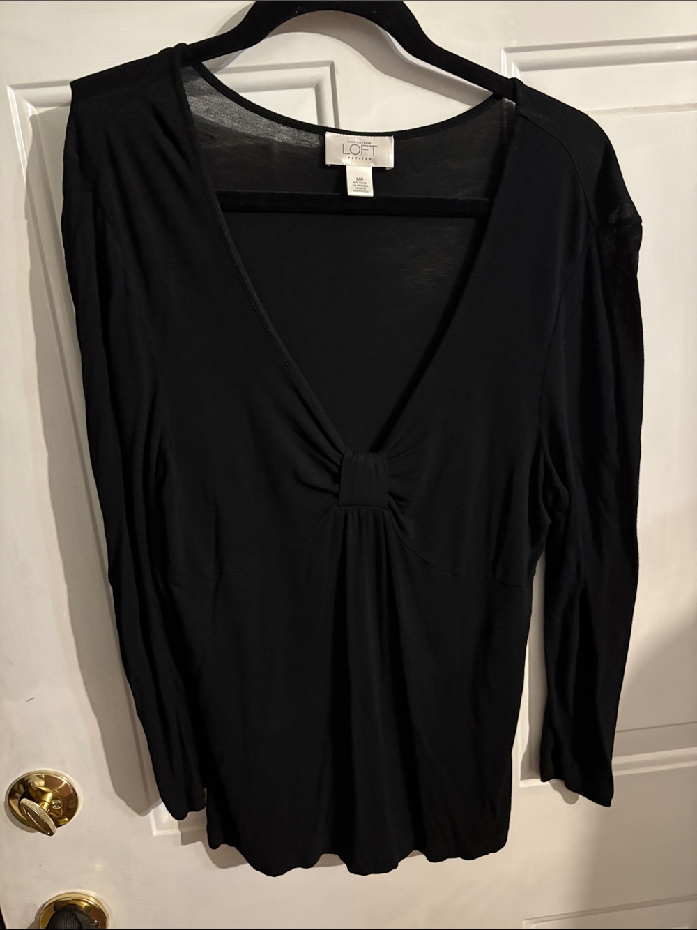 LOFT Black Long-Sleeve V-Neck Knot Detail Top
